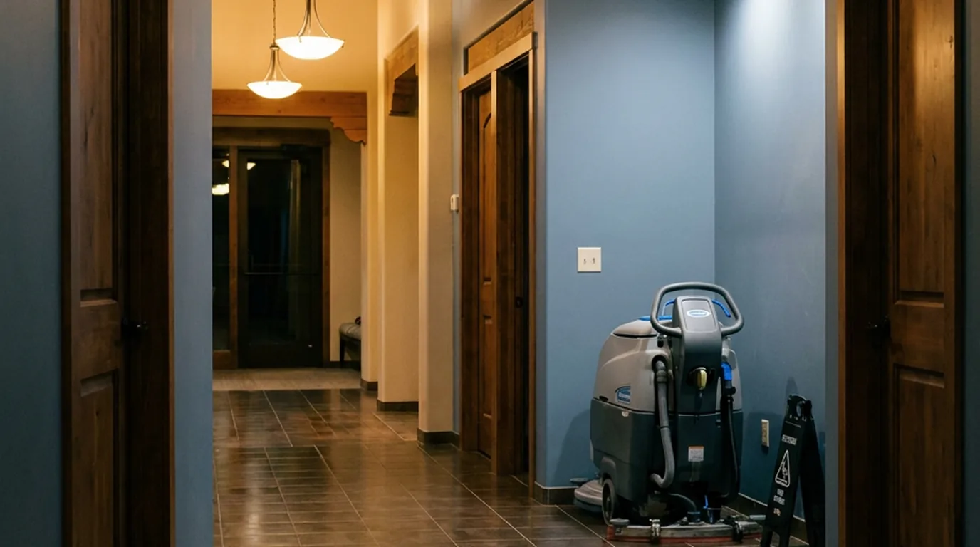 Office corridor at night with an auto scrubber parked on freshly polished tile