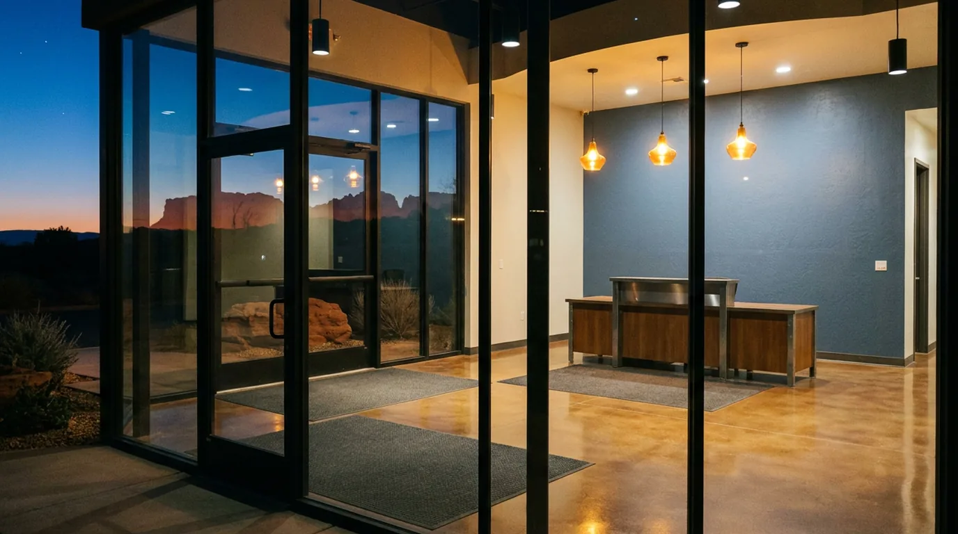 Commercial office lobby at night in St. George with polished concrete and red rock silhouette through the glass