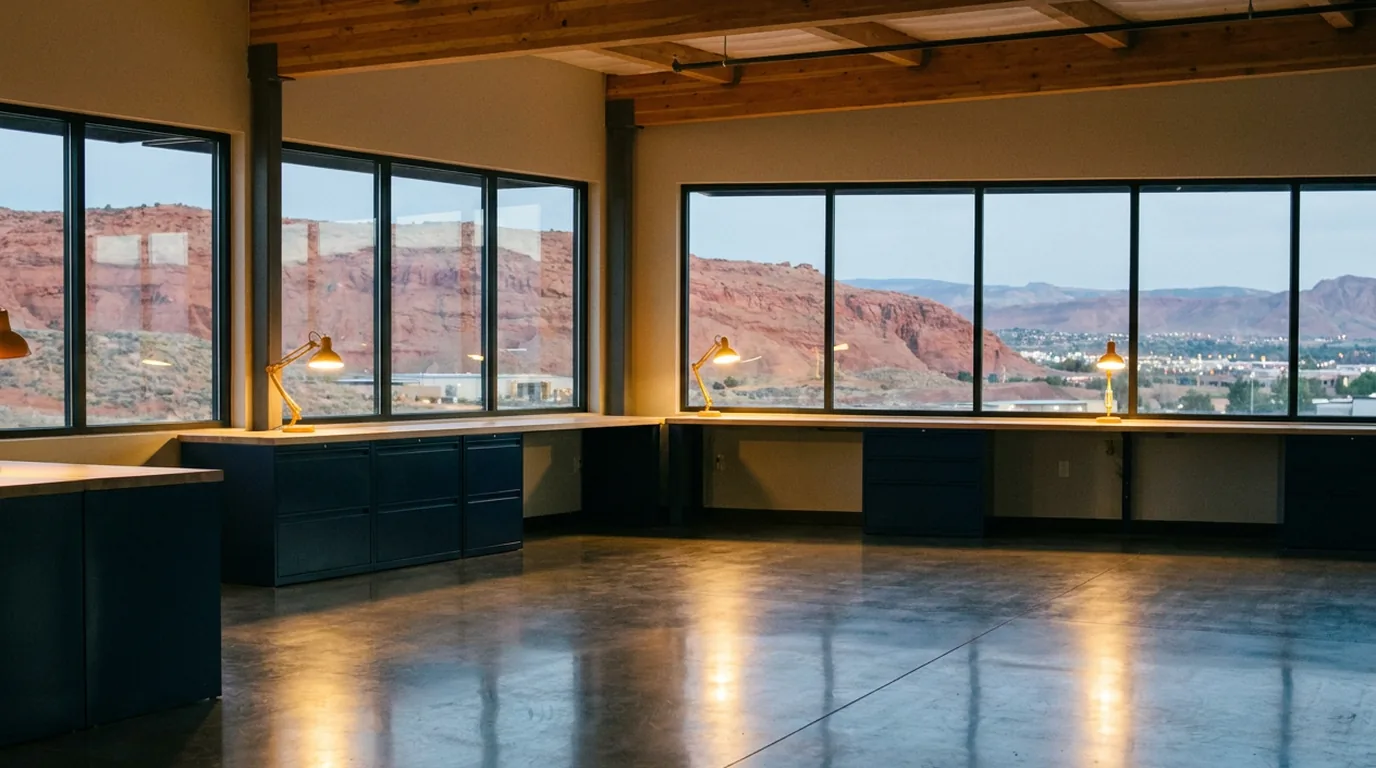 Warehouse office mezzanine at night overlooking a freshly scrubbed concrete floor
