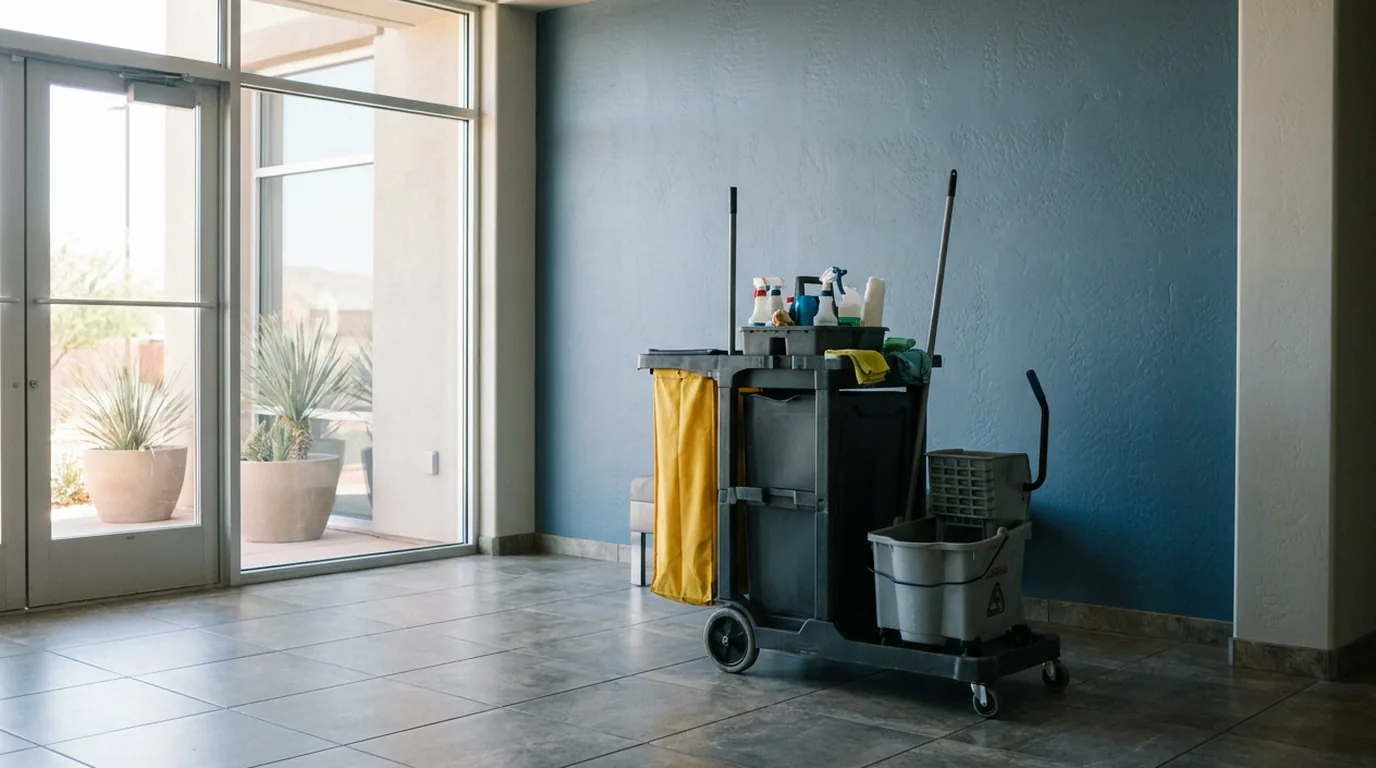 Daytime St. George office lobby with a janitorial utility cart beside the glass entry