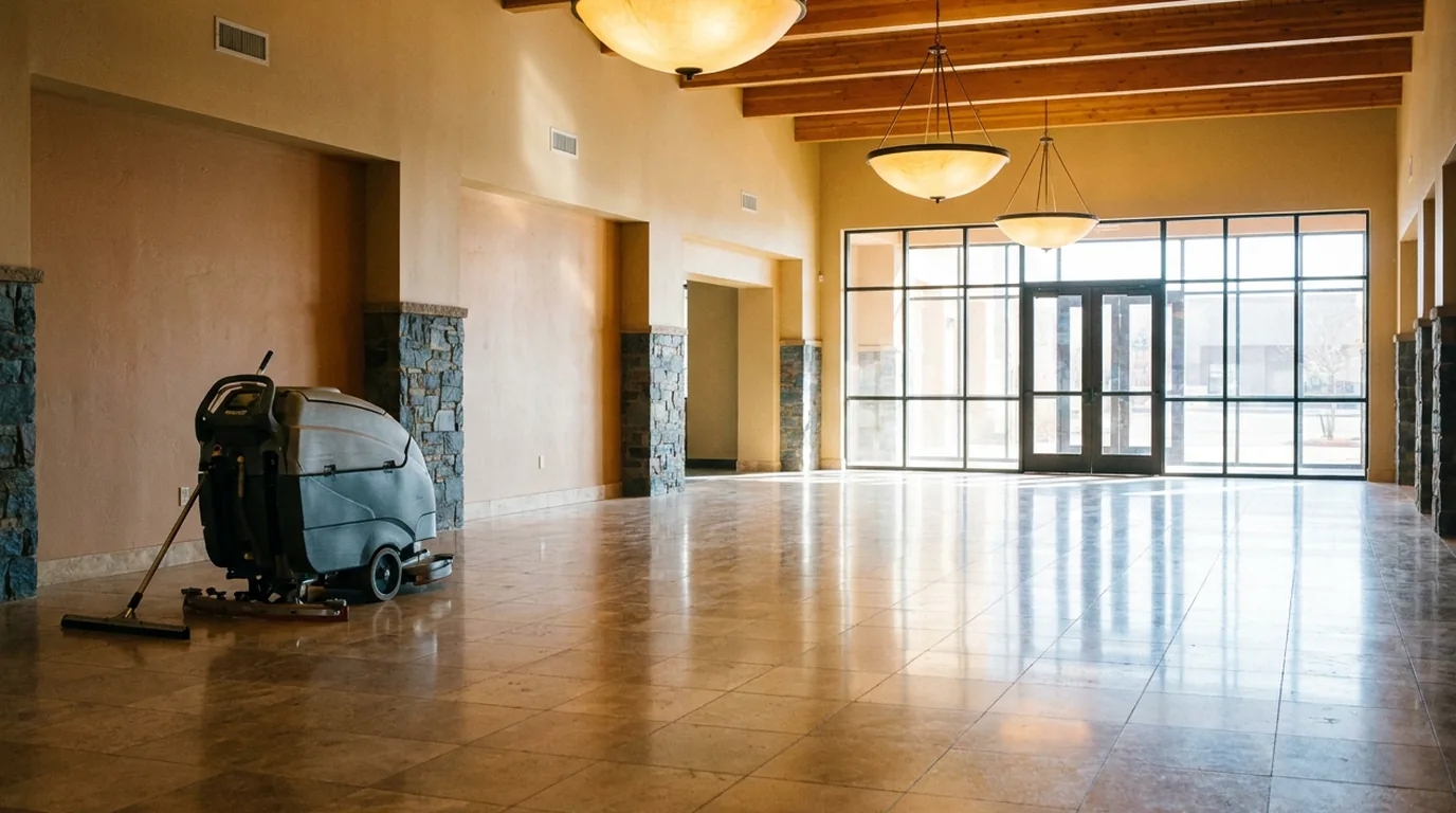 Large commercial lobby stone floor in St. George right after machine scrubbing and polishing