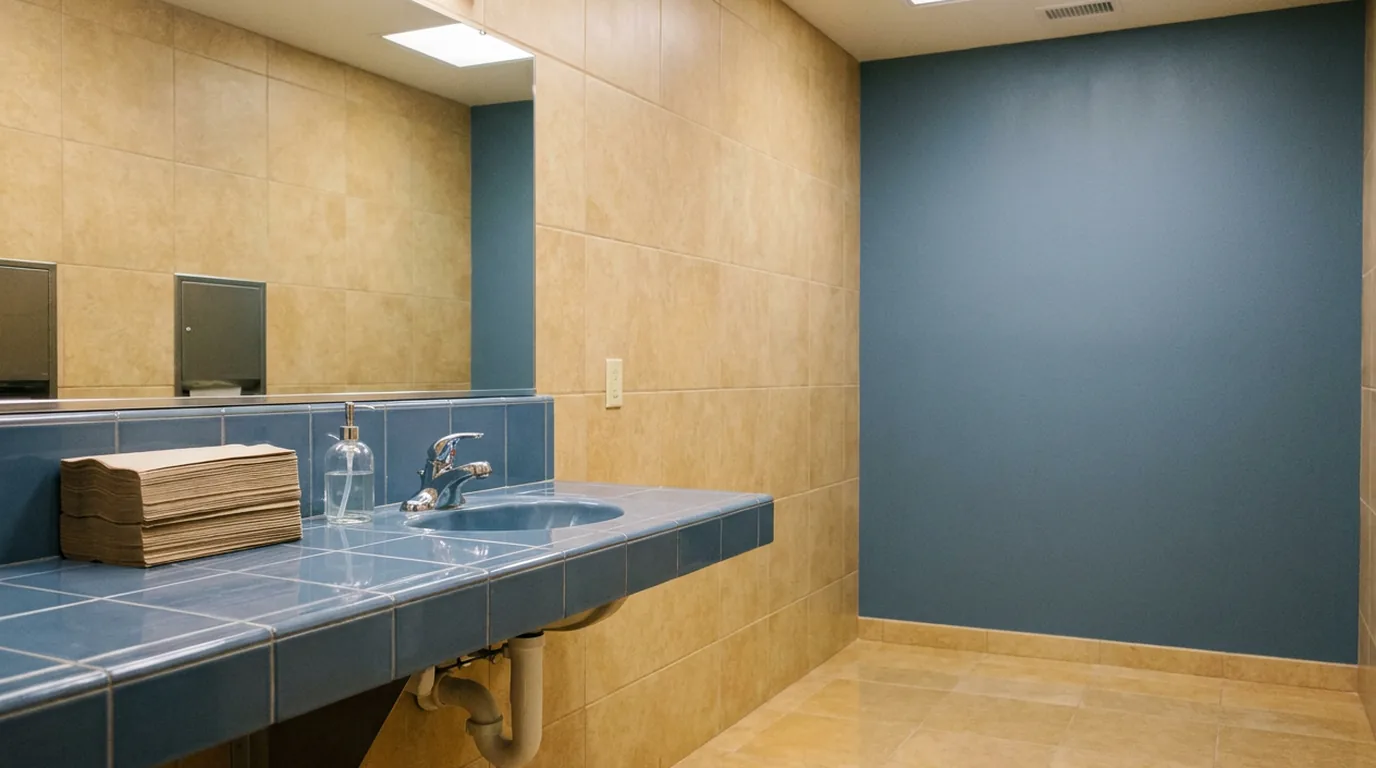 St. George office restroom after janitorial service with restocked supplies and a glossy tile floor