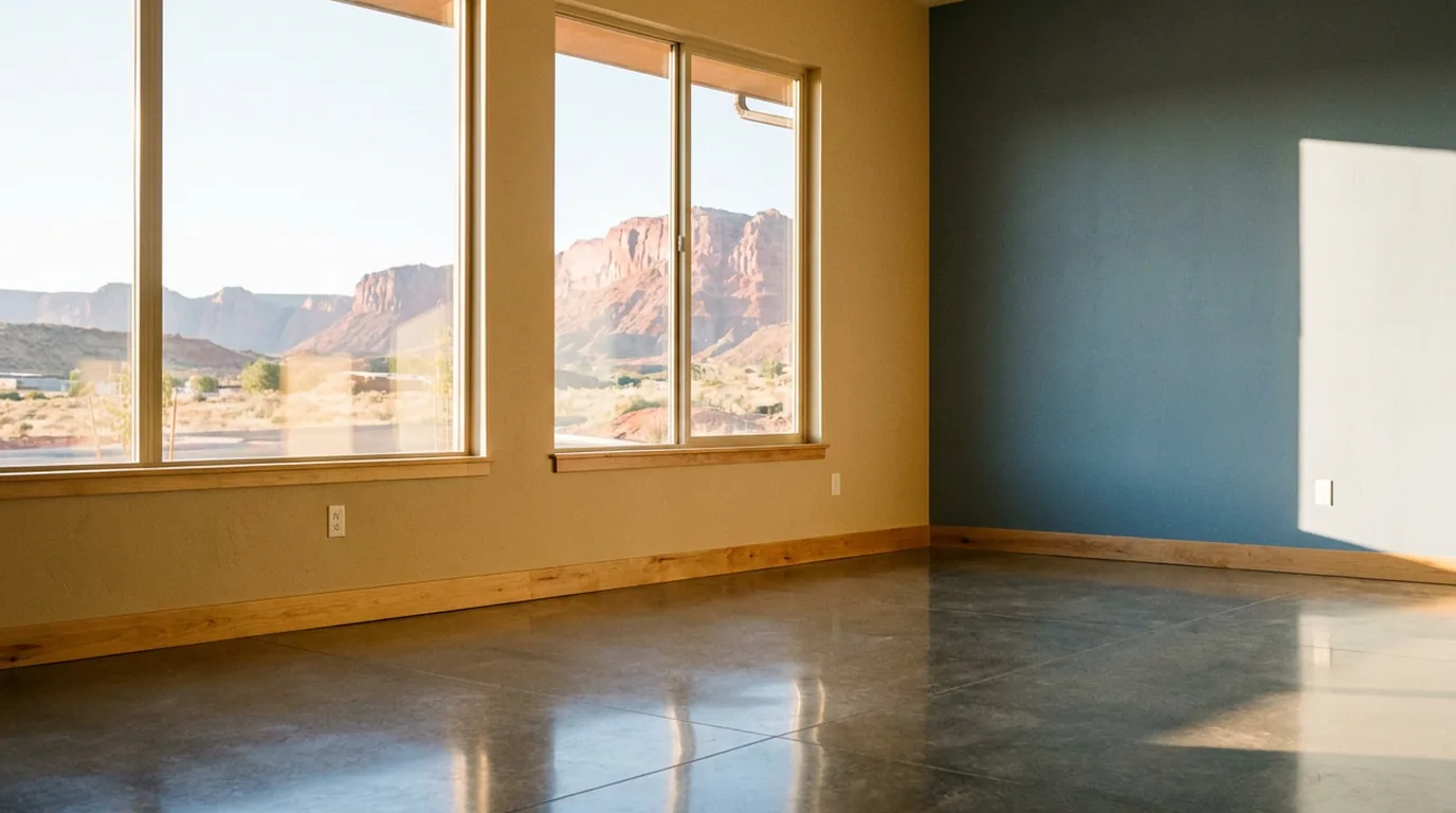 Washington County Utah office after post-construction cleaning with a dust-free concrete floor and red rock view